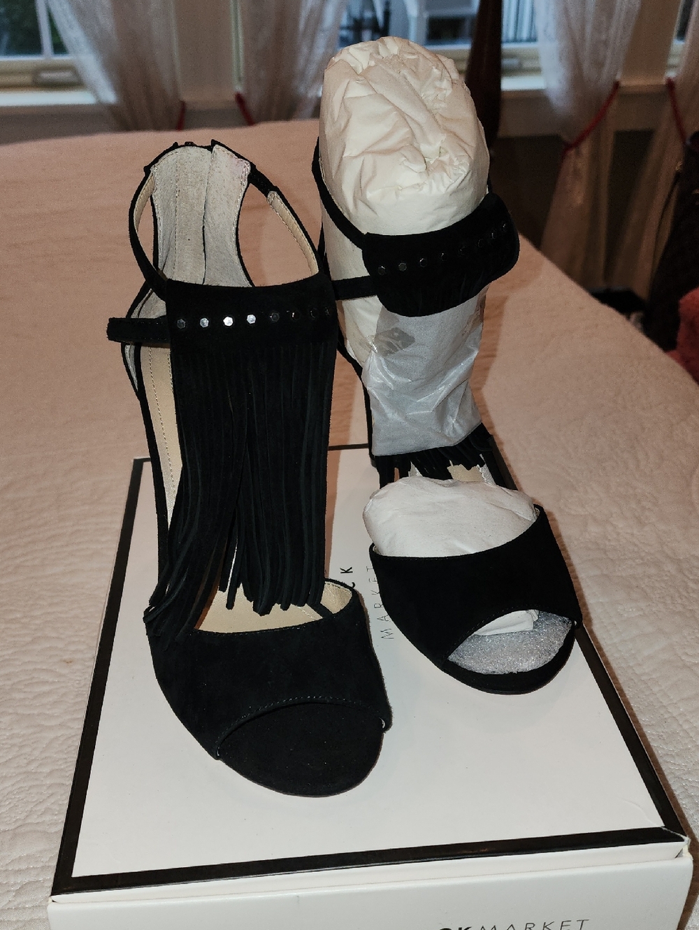 White House Black Market Black Fringe Open-Toe Ankle-Strap Heels